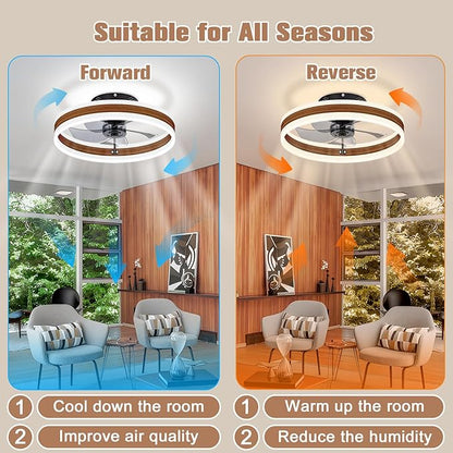 VOLISUN Fandelier Ceiling Fans with Lights and Remote, 15.7in Farmhouse Ceiling Fan Flush Mount, 3000K-6500K Dimmable Bladeless Ceiling Fan with Light, Modern Ceiling Fans with Lights for Bedroom
