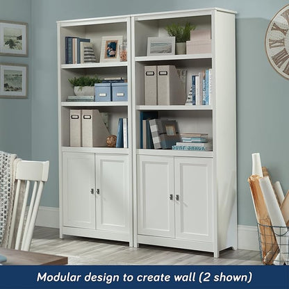 Sauder Cottage Road Book Shelf, Bookshelf with Storage, Library Bookcase with Doors and Adjustable Shelves, in Soft White Finish