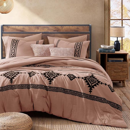 MaiRêve Embroidery Queen Size Comforter Set Dusty Pink, Boho Farmhouse Western Bedding Set 7 Pieces, All Season Bed in A Bag Comforter Set with Sheets, Pillowcases & Shams