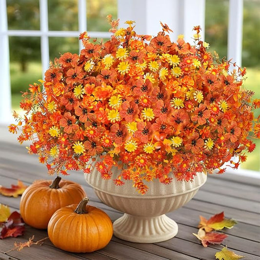 Artificial Fake Mums Flowers Plants for Outdoors Autumn Fall Decoration,16 Bundles Faux mums Mix Silk Glory UV Sun Resistant, Realistic Fall Flowers for Planter Porch Patio Yard Balcony Home Decor