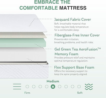 Full Mattress in a Box, 12 inch Mattresses for Platform Bed Double Size Daybed Bunk, Green Tea Memory Foam Mattress for Cool Sleep & Pressure Relief, Medium Firm