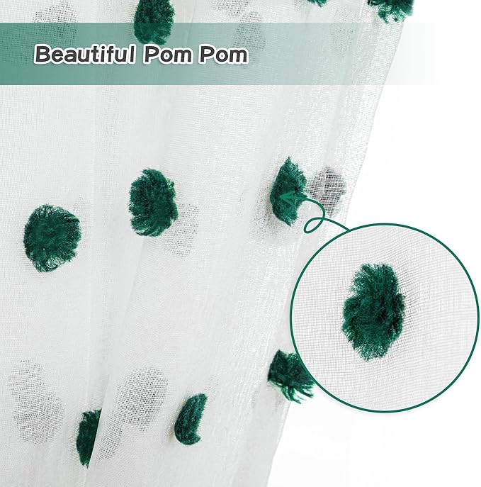 MYSKY HOME Kitchen Curtains 54 Inches Long Small Window Curtains for Christmas Hunter Green Pom Pom Curtains for Cafe Bedroom Nursery Boys Room Rod Pocket 2 Pieces Drapes 52 x 54 inch Length