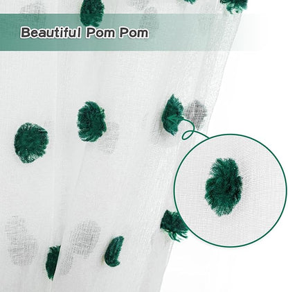 MYSKY HOME Kitchen Curtains 54 Inches Long Small Window Curtains for Christmas Hunter Green Pom Pom Curtains for Cafe Bedroom Nursery Boys Room Rod Pocket 2 Pieces Drapes 52 x 54 inch Length
