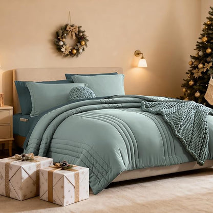 Monbix Queen Comforter Set - 7 Pieces Sage Green Bed in a Bag Queen Bedding Sets with Comforters, All Seasons Comforter Bed Set with Sheets,Pillowcases & Shams