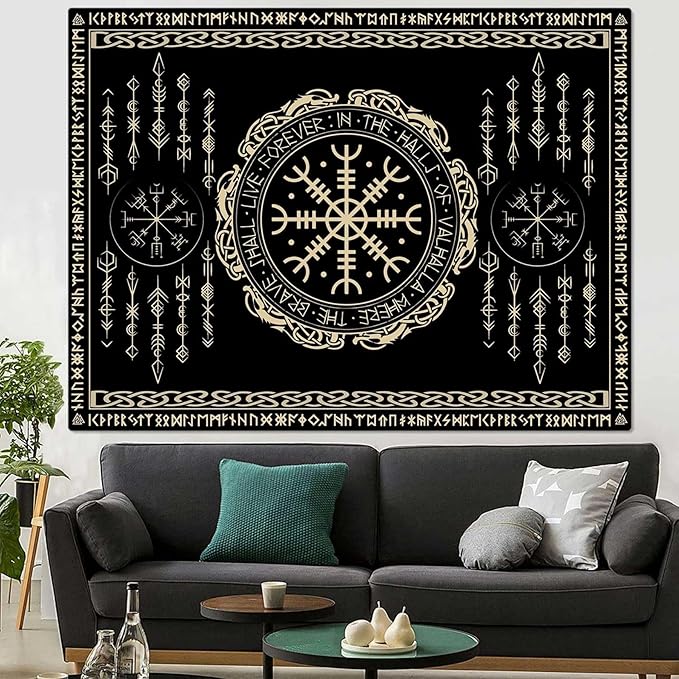 OSUNBD Nordic Vikings Tapestry 40x30 Inch - Soft Flannel Wall Hanging with Vegvsir, Celtic Runes, Scandinavian Mythology Art for Bedroom, Living Room Decor