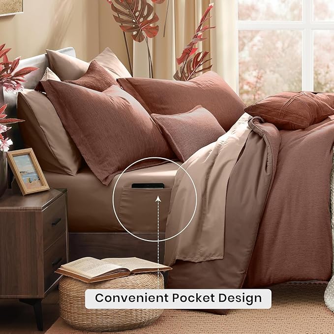 Monbix California King Comforter Set - 7 Pieces Cationic Dyeing Terracotta Bed in a Bag Cal King Bed Sets with Comforter, Sheets, Pillowcases & Shams, Reversible Bedding Comforters Sets (108 * 92)