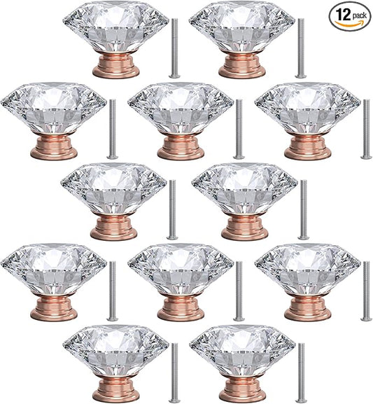 12-Pack Crystal Glass Cabinet Knobs for Home Decor, Vanity Drawers, Desks, Wardrobe Doors, Standard Screws Easy Installation for Home Refurbishment and Redecoration (Clear Crystal, 40mm, Pink Base)
