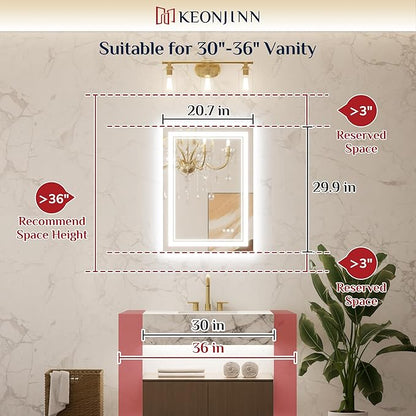 Keonjinn LED Mirror for Bathroom 22" x 30" with Frontlit and Backlit, Stepless 3 Colors Temperature & Dimmable Lighted Wall Mirror, Double LED Strips & UL Listed Driver, Anti Fog Mirrors with Light