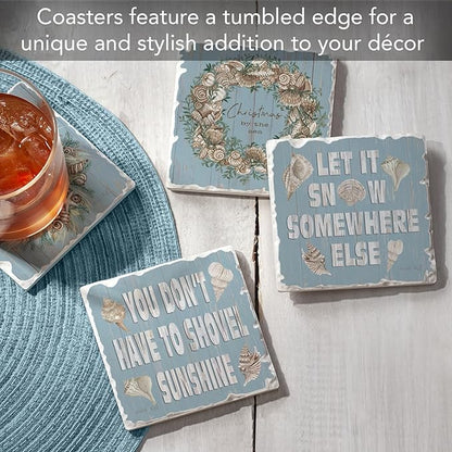Thirstystone Let It Snow 4 Pack Assorted Tumbled Tile Stone Coasters with Protective Cork Backing 4" Square Manufactured in The USA