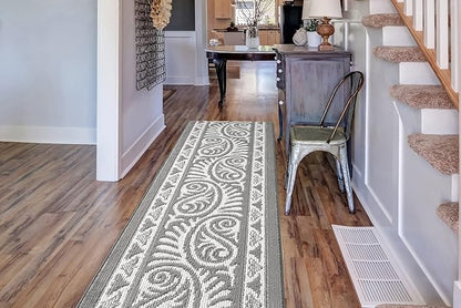Custom Length Cut to Size Tribal Ethnic Southwestern Inspired Hallway Runner Rug, Non Slip Rubber Backed, 31 inch Wide X Customized Length, Mayan Grey, 31 inch X 7 feet