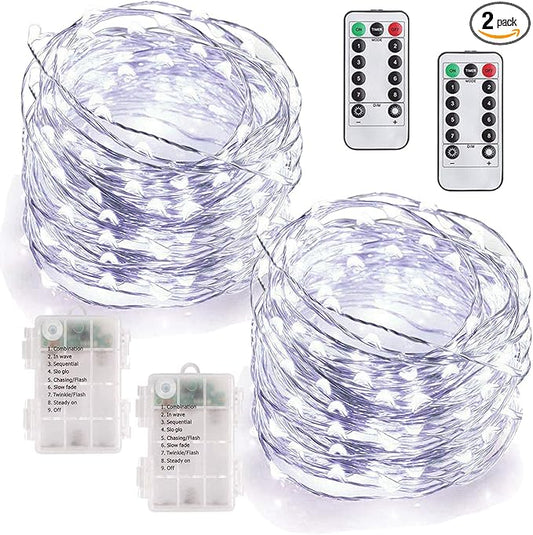 MUMUXI 2 Pack 33ft Remote Control Fairy Lights Battery Operated String Lights with Timer, 100 Twinkle LED for Outdoor, Waterproof Silver Wire Firefly Lights, Cool White