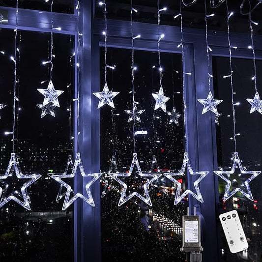 Blingstar Star Curtain Lights - 138 LED 12 Star Lights, 8.2ft Extendable, 8 Modes, Remote, Cool White