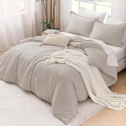 Litanika Linen Grey Comforter Set King Size, 3 Pieces Lightweight Solid Bedding Comforter Set, All Season Fluffy Bed Set (104x90In Comforter & 2 Pillowcases)