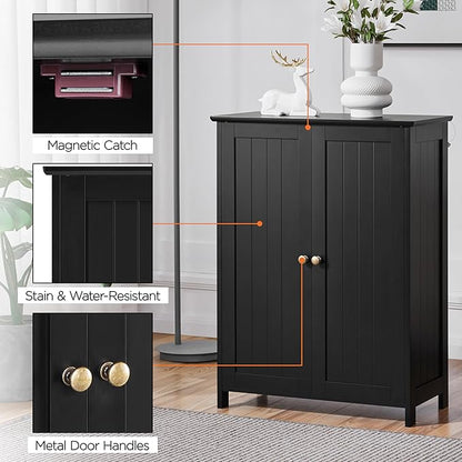 Yaheetech Bathroom Floor Cabinet, Modern Storage Freestanding Organizer Cabinet with Adjustable Shelves & Double Doors, 3-Tier Home Living Room Furniture, Black
