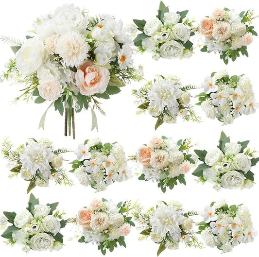 Zeyune 12 Bundles Artificial Peonies Flowers Artificial Silk Rose Faux Dahlia Fake Chamomile Hydrangea Bouquet Bulk for Vase Home Wedding Centerpiece Party Decoration(Cream White,Classic)