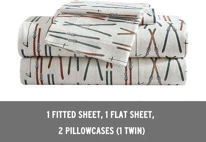 Eddie Bauer - Queen Sheets, Cotton Flannel Bedding Set, Brushed For Extra Softness, Cozy Home Decor (Ski Line White, Queen)