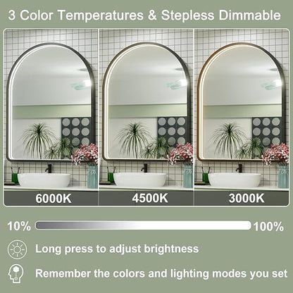 20x30 Inch Arched LED Bathroom Mirror with Lights, Adjustable 3000K/4500K/6000K, Wall Mounted Black Frame Lighted Bathroom Vanity Mirror, Anti-Fog, Dimmable, Memory Function