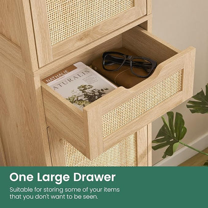 Iwell Tall Narrow Storage Cabinet with Doors, Rattan Cabinet with Adjustable Shelves, Freestanding Linen Storage for Living Room, Entryway, Kitchen, Bathroom, Natural