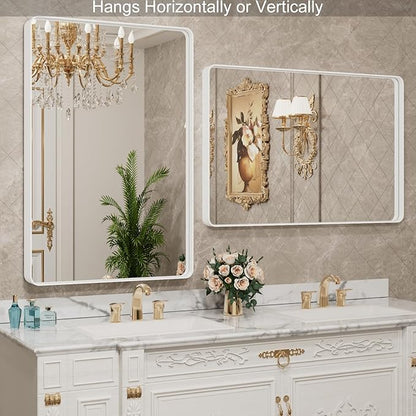 LOAAO 22x30 Inch White Metal Framed Bathroom Mirror for Wall, White Bathroom Vanity Mirror Farmhouse, Large Rounded Rectangle Mirror, Anti-Rust, Hangs Horizontally or Vertically