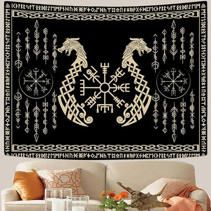 OSUNBD Viking Dragon Tapestry Ancient Rune Dragon Totem Norse Mythology Wall Art Tapestries Black Mystical Geometric Norse Mythology Tapestry Large Size 78.7”x59.1” for Bedroom Living Room Dorm