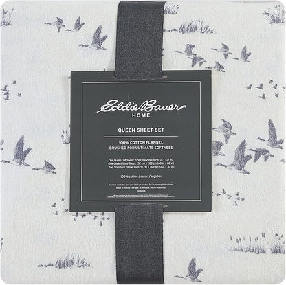 Eddie Bauer - Queen Sheet Set, Warm Breathable Cotton Flannel Bedding with Deep Pockets, Brushed for Extra Softness, Cozy Home Decor, Oeko-Tex Certified (Geese Meadow, Queen)