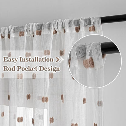 MYSKY HOME White Curtains for Bedroom 84 Inch Length Long Sheer Curtains for Living Room Nursery Curtains with Taupe Patched Design Rod Pocket Privacy Window Drapes Dining Room 52" x 84" 2 Panels