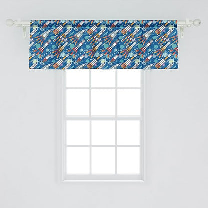 Ambesonne Spaceship Window Valance Pack of 2, Hand-Drawn Cartoon Spaceships Planets and Stars Outer Space Exploration Theme, Rod Pocket Curtain Valances for Kitchen Bedroom, 54" X 18", Violet Blue