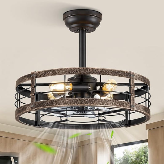 LEDIARY 20 Inch Fandelier Caged Ceiling Fan with Light, Bladeless Ceiling Fan with Remote, Small Farmhouse Fan Lights Ceiling Fixtures for Kitchen, Bedroom-Black and Gold