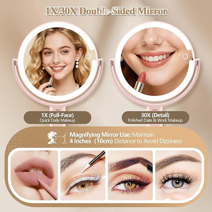 Makeup Mirror with Lights, Double Sided 1x/30x Magnifying Mirror with Light, Rechargeable 3 Color Lights and Adjustable Brightness, 360° Rotation Detachable Comes with Tweezer(Pink)