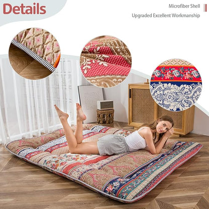 MAXYOYO Bohemian Retro Floor Mattress Vintage Floral Japanese Futon Mattress Roll Up Thicken Sleeping Bed Portable Camping Mattress Floor Lounger Couch Bed Mattress Pad, Twin Size