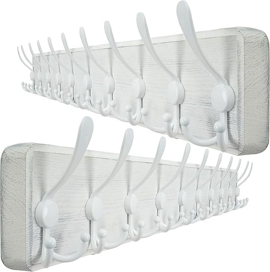 WEBI Coat Rack Wall Mounted,38 9/16" Long,10 Triple Hooks,Wood Coat Hooks Wall Mount,Large Coat Hanger Wall,Hook Rack,Tri Hooks for Hanging Coats,Clothes,Jacket,Entryway,Rustic White,2 Packs