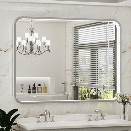 LED Bathroom Mirror with Lights,48x36 Inch Brushed Silver Framed Lighted Vanity Mirror,Anti Fog Stepless Dimmable Wall Mounted(Horizontal/Vertical)