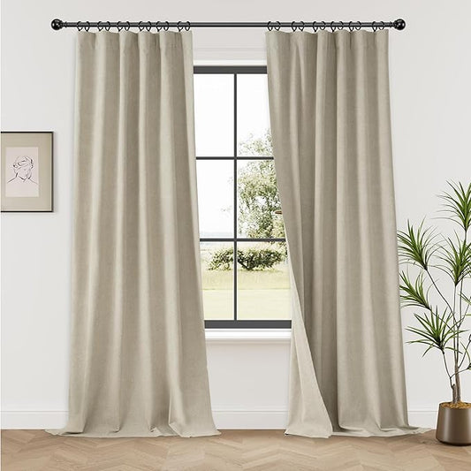 KangBang Full Blackout Linen Curtains 102 inches Long 2 PCs, Farmhouse Back Tab Pleated UV Protection Drapes, Floor to Ceiling Curtains for Bedroom Dining Room, Linen Color, 52Wx102L
