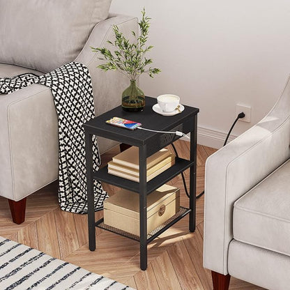 HOOBRO End Table with Charging Station and USB Port, 3-Tier Nightstand with Adjustable Shelf, Small Side Table for Small Space in Living Room, Bedroom and Balcony, Black BB112BZ01