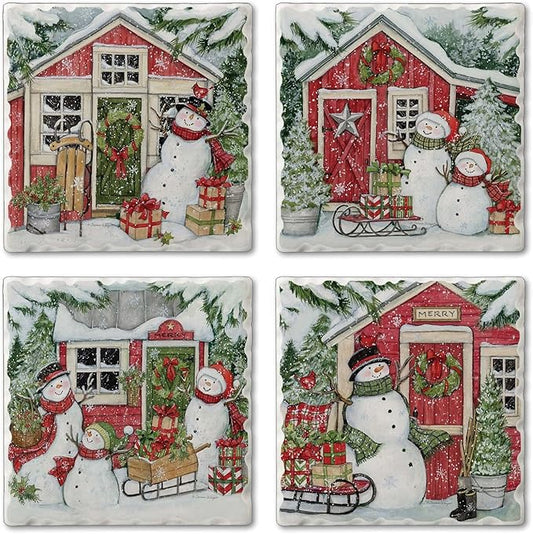 Thirstystone Snowman's Farmhouse 4 Pack Assorted Tumbled Tile Stone Coasters with Protective Cork Backing 4" Square Manufactured in The USA