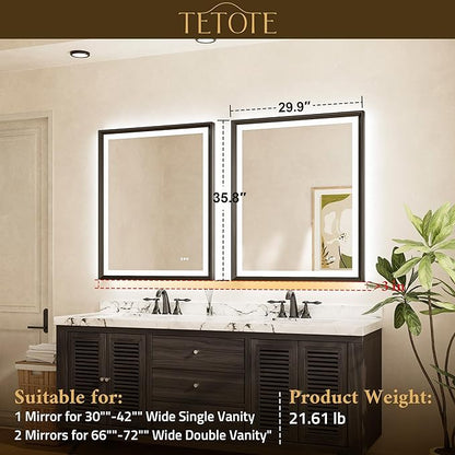 TETOTE Gold Bathroom LED Mirror with Lights 30x36 Frontlit & Backlit Vanity Framed Mirror Baroque Anti Fog Stepless Dimmable White/Warm/Natural,CRI90+,Waterproof,Wall Mounted(Horizontal/Vertical)