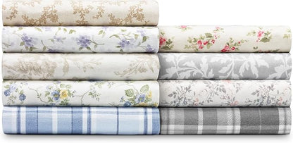Laura Ashley - Flannel Sheets Full Size, Anti-Pilling & Wrinkle Resistant Cotton, Touchably Soft for All-Season Comfort - Bed Sheets with Matching Pillowcases & Fitted Sheet (Crestwood Pastel Grey)