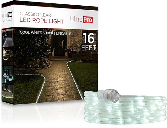 UltraPro LED Rope Lights, 16ft Classic Clear Rope, Cool White Light 5000K, Indoor/Outdoor, Flexible, Linkable, Durable, Rope Lights Outdoor, 54842