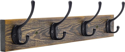 IBosins Wall Mounted Coat Rack, Entryway Hanging , Metal Wood Rack with 4 Black Literary Rustic Hooks Rail for Scarf, Bag, Towel, Key, Cap, Cup, Hat (Brown)