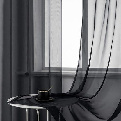 DUALIFE 72 Inches Length Black Sheer Curtains for Bedroom Set of 2 Panels Grommet Faux Linen Semi Voile Window Drapes Elegant Office Curtains for Men Living Room 52x72 Inches Long