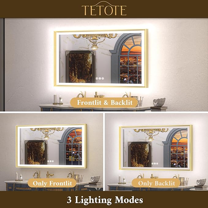 TETOTE Gold LED Bathroom Mirror with Lights 24x36 Frontlit & Backlit Vanity Framed Mirror Baroque Anti Fog Stepless Dimmable White/Warm/Natural,CRI90+,Waterproof,Wall Mounted(Horizontal/Vertical)
