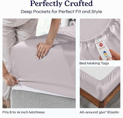 California Design Den Queen Sheet Set - Soft 400 Thread Count Sateen, Natural 100% Cotton Sheets for Queen Size Bed, Deep Pockets for a Snug Fit, Durable Bedding Set - Dusky Lavender Grey