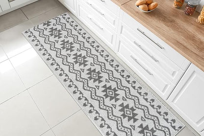 Custom Size Southwestern Style Runner Rug Mat for Wide Hallway Entryway Kitchen Laundry Room with Slip Resistant Latex Rubber Backing, Aztec Light Grey, 31 inch X 10 feet