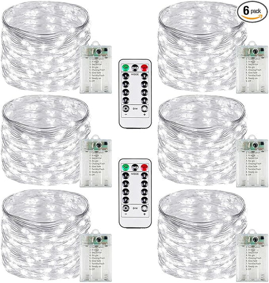 6 Pack Fairy Lights Battery Operated with Remote Control Timer, 26 FT 80 LED String Lights Outdoor Indoor, 8 Modes Twinkle Lights for Christmas Party Wedding Birthday Bedroom Décor (Cool White)