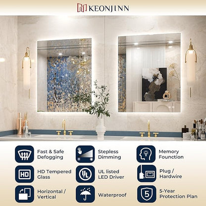 Keonjinn 48 x 36 Inch Backlit Mirror for Bathroom, Anti-Fog Led Mirror, CRI90+ HD Tempered Glass, Stepless Dimmable Lighted Mirror, High Lumen, UL Listed, Waterproof, Horizontal/Vertical