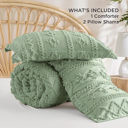 Bedsure Tufted Boho Comforter Set California King - Sage Green Boho Bed Set, GentleSoft™ 3 Pieces Farmhouse Shabby Chic Embroidery Bedding, Gifts for Woman, Soft Jacquard Comforter for All Seasons
