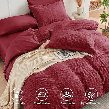 HYMOKEGE Burgundy Twin Comforter Set Seersucker 5 Pieces, All Season Luxury Bed in a Bag for Bedroom, Bedding Set with Comforters, Sheets, Pillowcase & Sham