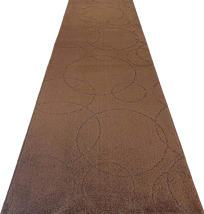 Custom Size Modern Geometric Pattern Carpet Runner Rug for Hallways, Slip Resistant Latex Rubber Backed, 31 inch Wide X Customized Length, Circles Brown, 31 inch X 16 feet