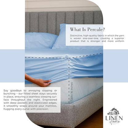 Linen Home 100% Cotton Percale Sheets Twin XL Size, Baby Blue, Deep Pocket, 3 Pieces Set - 1 Flat, 1 Deep Pocket Fitted Sheet and 1 Pillowcase, Crisp Cool and Strong Bed Linen