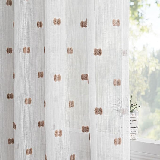 MYSKY HOME White Curtains for Bedroom 72 Inch Length Long Sheer Curtains for Kids Room Nursery Curtains with Taupe Patched Design Rod Pocket Privacy Window Drapes Dining Room 52" x 72" 2 Panels